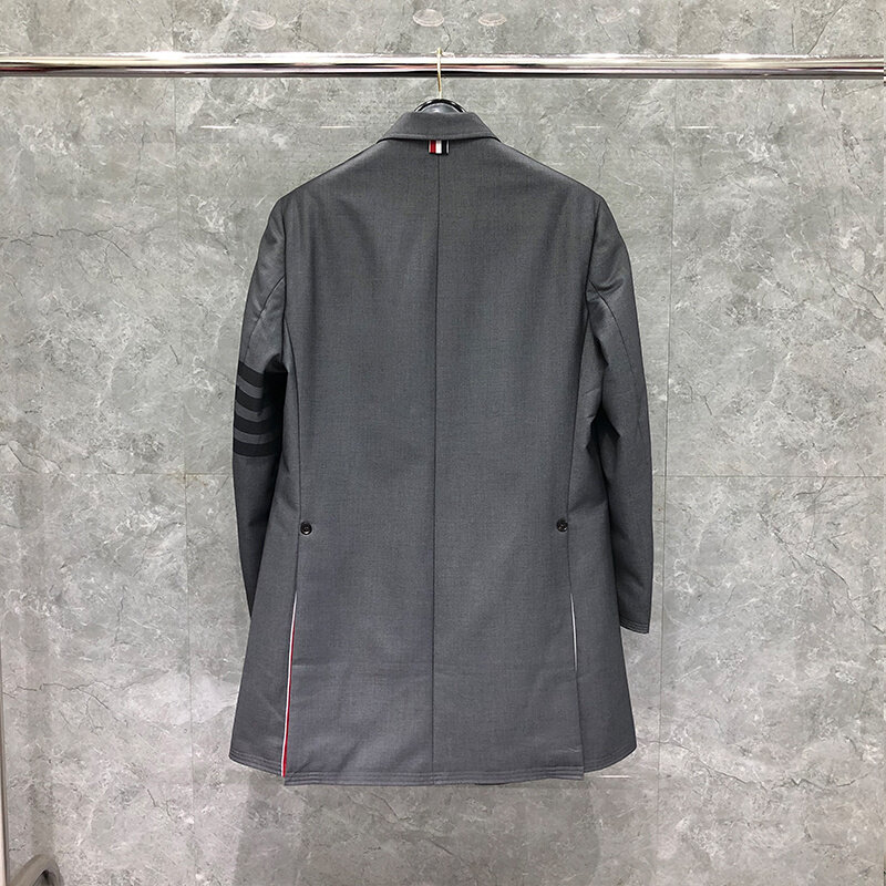 THOM Wool Overcoat Autumn Winter Classic 4-Bar Stripe Men's Jackets Luxury Brand Gray Blazers Coats Long TB Suit Coat