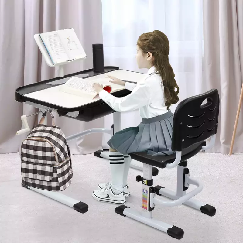 La parte superiore di sollevamento a manovella può inclinare il tavolo e la sedia per l'apprendimento dei bambini neri (con supporto per la lettura senza lampada da scrivania)