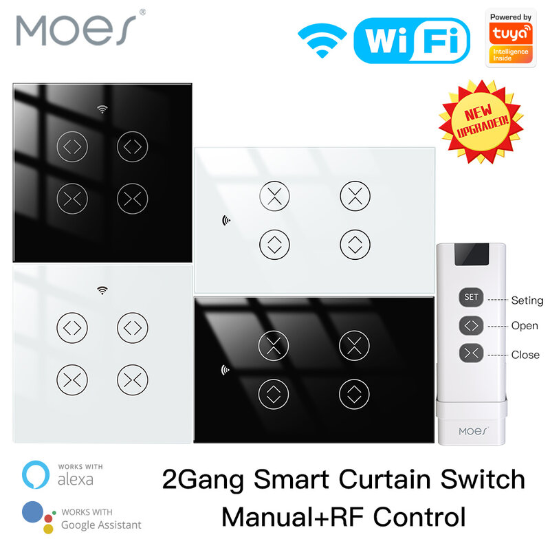 Moes Tuya Smart Leben WiFi RF 2 Gang Doppel Vorhang Blind Schalter für Rollladen Elektromotor Mit Google Hause alexa