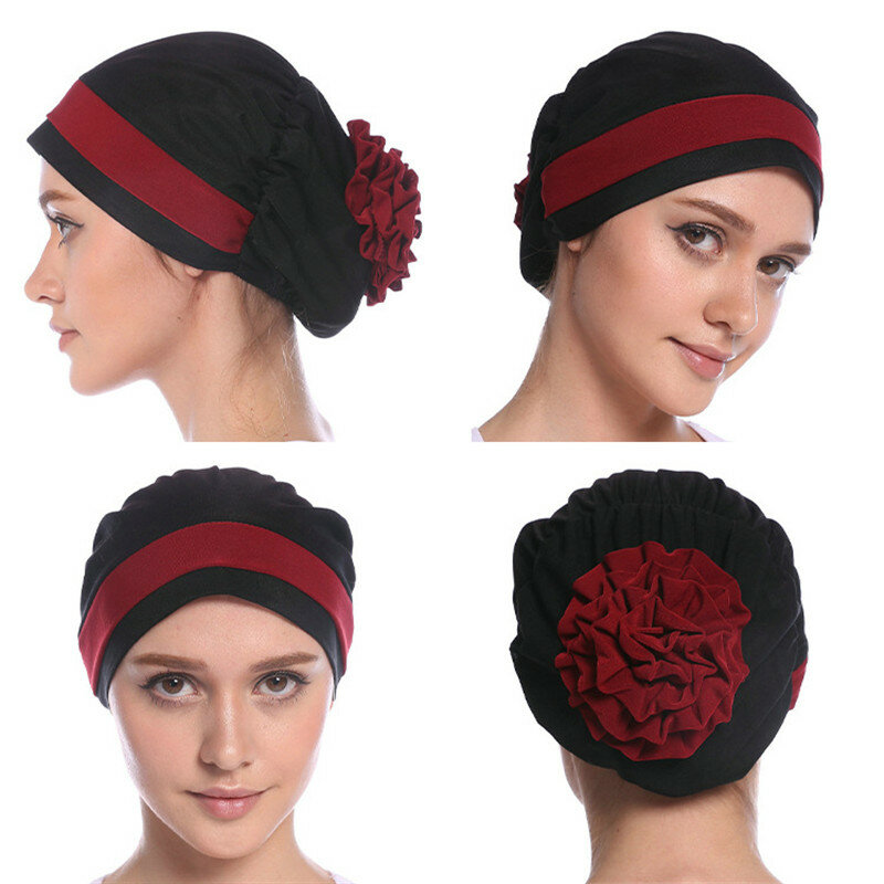 H1110 two colors muslim hijab  with flower pull on hat islamic scarf turban hijab full headcover women headwrap ramadan gifts