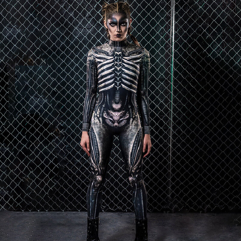 Halloween Kostuums Adult Skeleton Cosplay Robot Vrouwen Ghost Jumpsuit Carnaval Prestaties Scary Vrouwen Outfits Bodysuit Rompertjes