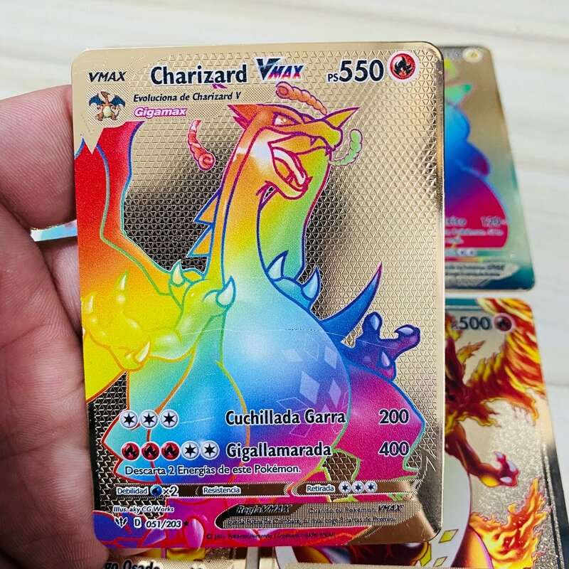 Newest Pokemon Gold Metal Cards In Spanish Anime Original Charizard Pikachu Cards Action Child Toy Collection Christmas Gift