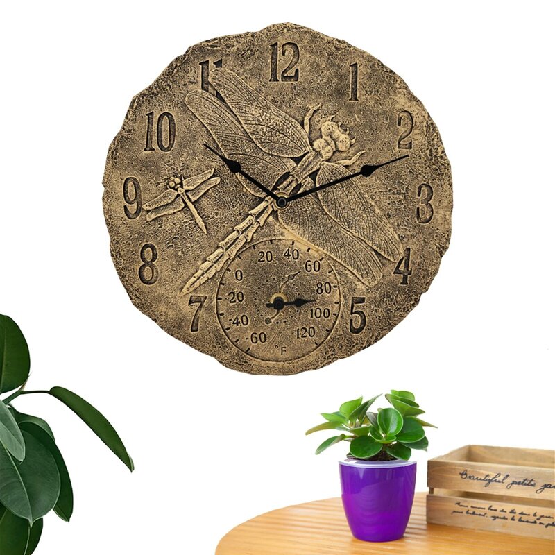 Battery Operated Wall Clocks 12 Inches Retro Garden Resin Silent Wall Clock With Dragonfly Patterns Decorative Clock For Patio
