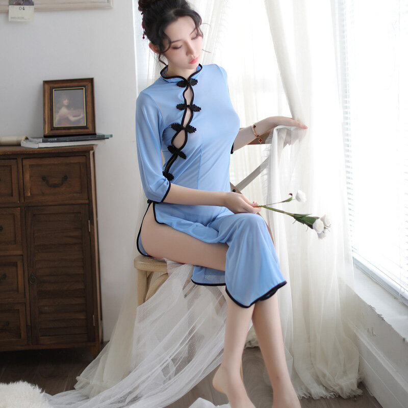 Sheer Cosplay disfraces de estudiante Lencería caliente erótico chino largo Cheongsam vestido mujeres camisones