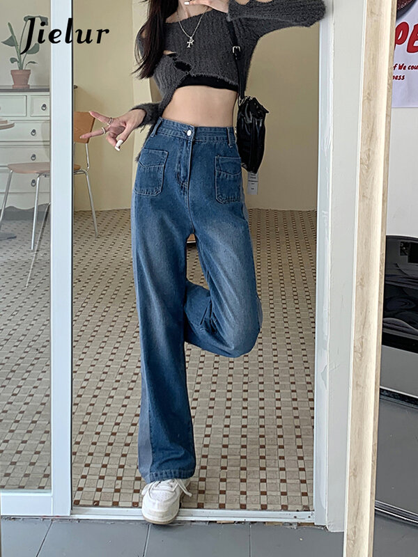 Jielur chique casual calças de brim femininas de cintura alta azul denim jeans rua lavado botões cor hit calças compridas feminino menina outono S-4XL
