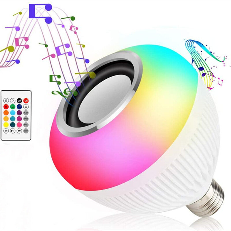 Ampoule Bluetooth intelligente 12W RGBW E27, ampoule musicale changeante, haut-parleur Bluetooth multicolore avec télécommande