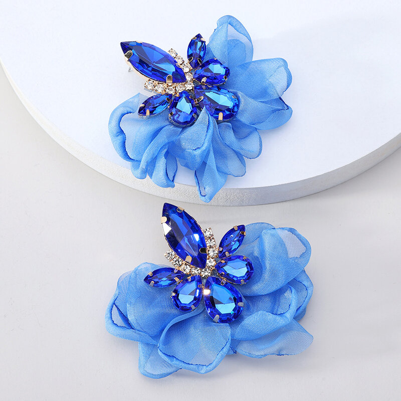 Nuevos pendientes de flor de gasa de moda coreana para mujer, joyería de lujo de cristal, accesorios elegantes de verano