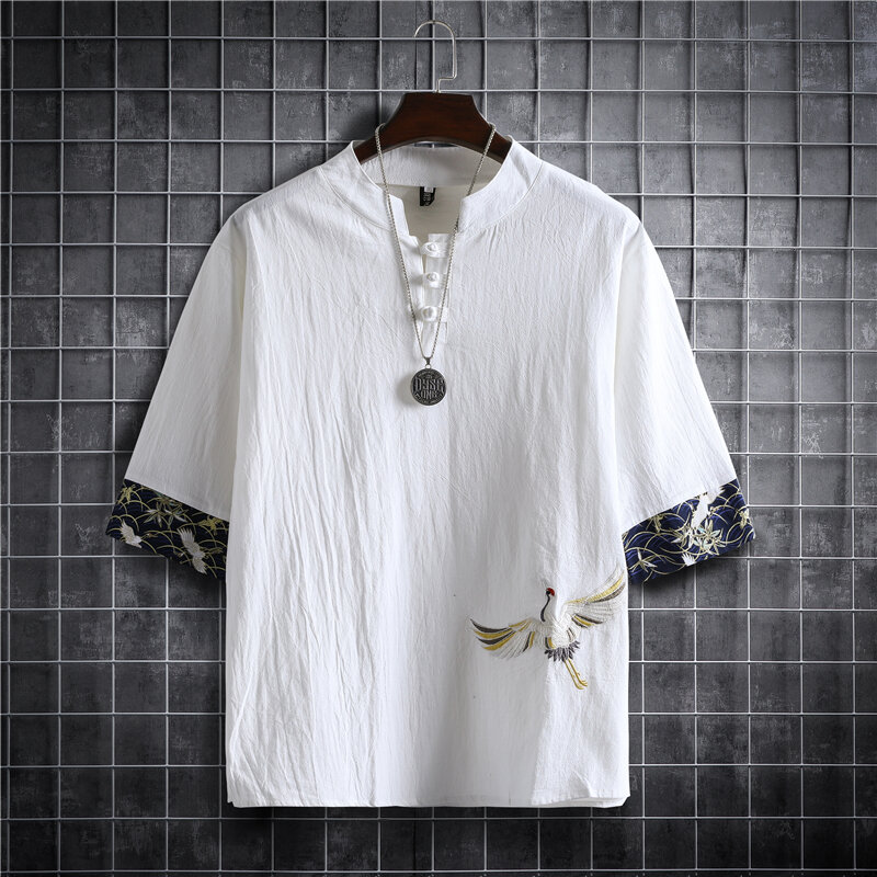 Estilo chinês meia manga camisas para homens, primavera e verão streetwear, blusas de linho de algodão, roupas masculinas, botão sapo, plus size, M-5XL