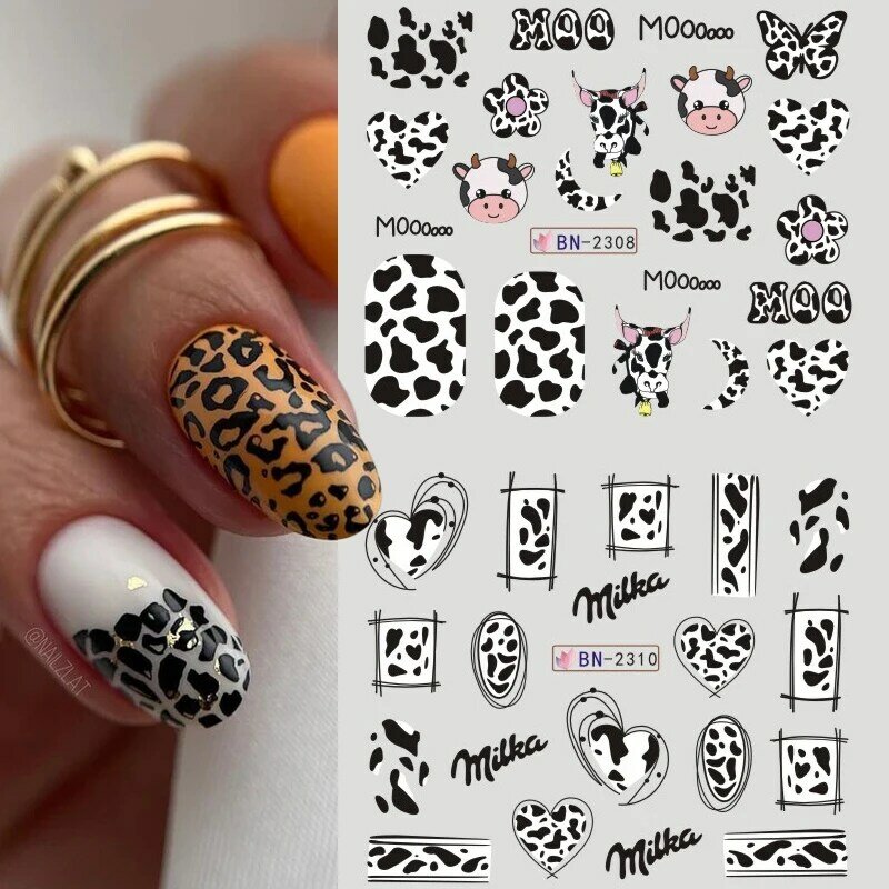 12 disegni Leopard Heart Print Nail Art decalcomanie per l'acqua linea Stripe Cute Milk Cow Stickers Graffiti Design Manicure cursori per unghie