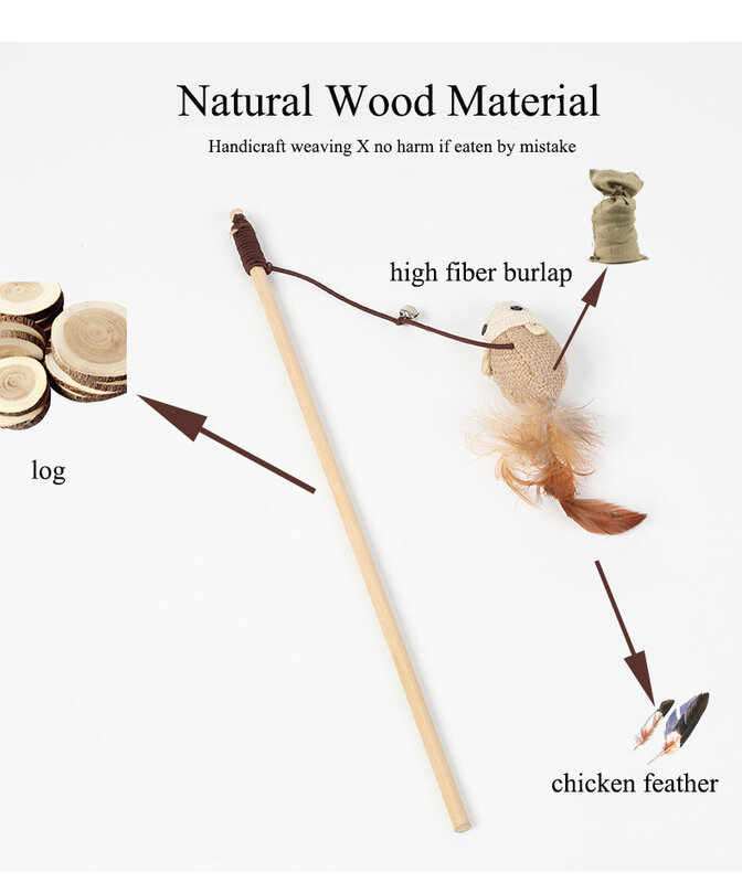 Funny Cat Stick Hemp Rope Wooden Handle Interactive Training Mouse Bird New Cat Accessories Pets Kitten Toys with Bell