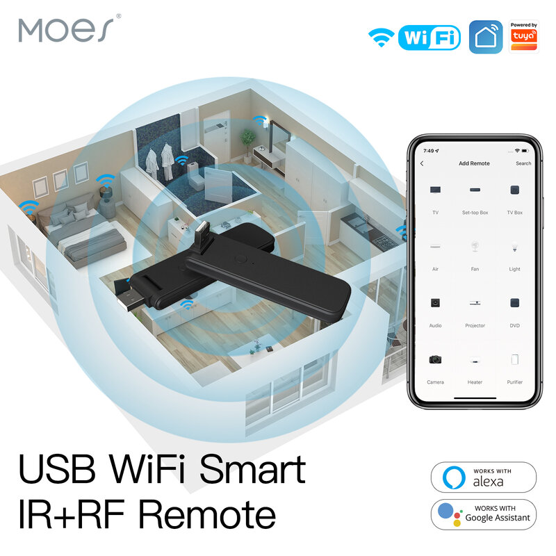 MOES – télécommande WiFi infrarouge sans fil, USB IR + RF, pour TV, commutateur de ventilateur, domotique, compatible Alexa, Tuya