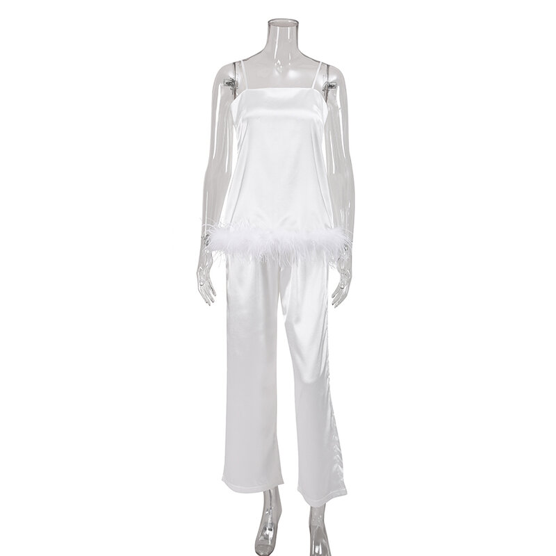 Hiloc Chic Satin Pajamas With Feathers Sleepwear Women Sets With Pants Black Spaghetti Strap Home Suit White Trouser Suits 2022