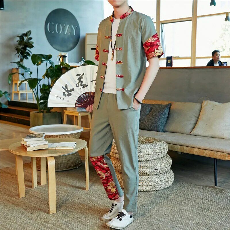 Setelan baju celana panjang kasual pria, kemeja celana panjang seragam Kung Fu, mantel Kimono Jepang gaya China tradisional, blus kasual