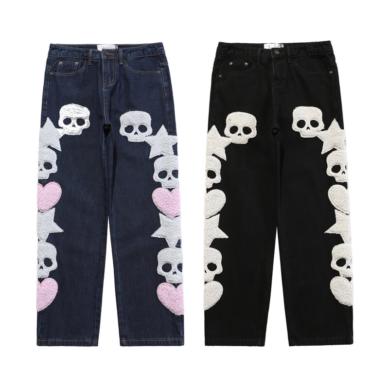Furry Skull Letter Star Patches Denim Pants Winter Spring High Street Punk Goth Gothic Jeans Women Trousers Couple Streetwear