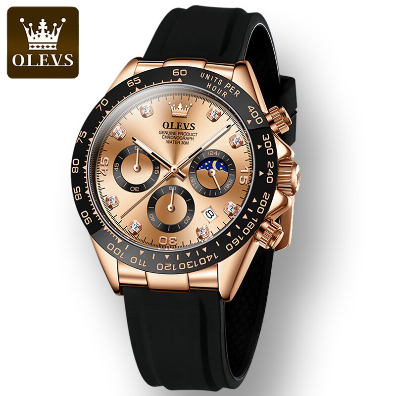 OLEVS-Reloj de pulsera multifuncional para hombre, cronógrafo de cuarzo, resistente al agua, con correa de silicona, estilo novedoso, Daytona