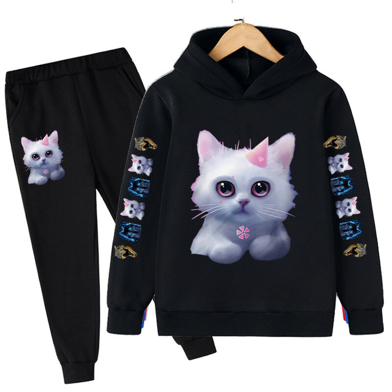 Conjunto de suéter con capucha para niños, suéter con estampado de gato blanco y diamantes, Otoño/Invierno