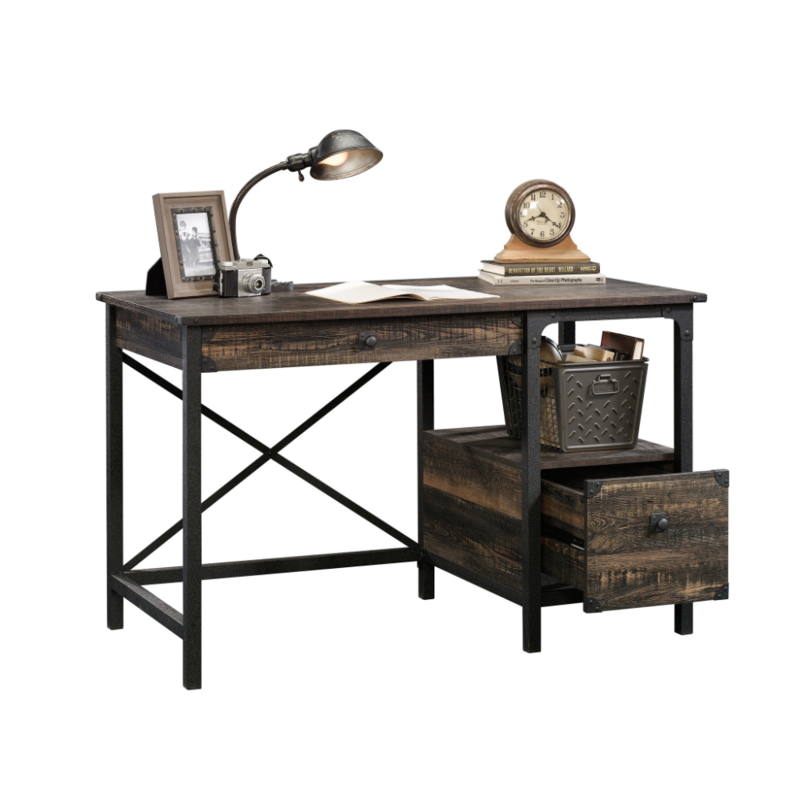 Mesa de aço do rio, mesa de escritório do revestimento do carvalho do carbono l dada forma mesa ajustável do escritório de casa