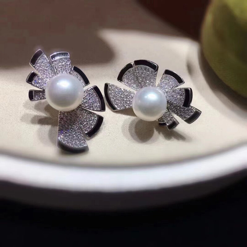 MeiBaPJ-pendientes de perlas semiredondas naturales para mujer, joyería fina de moda para boda, soporte vacío DIY, precio al por mayor, 8-10mm