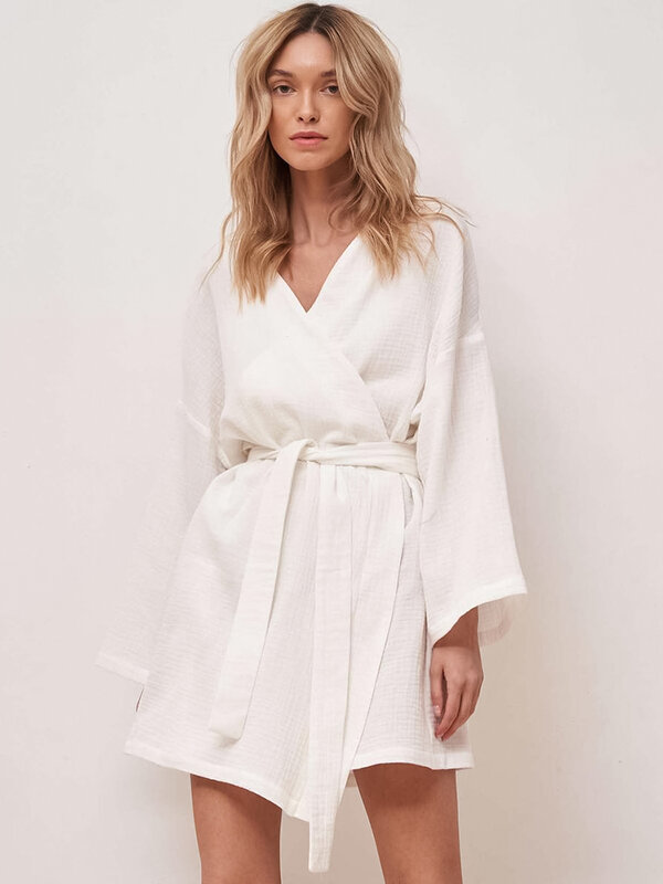 Hiloc białe światło szaty dla pokrycia z długim rękawem bawełniana szata z szarfami szare sukienki 2022 szlafrok szlafrok damski