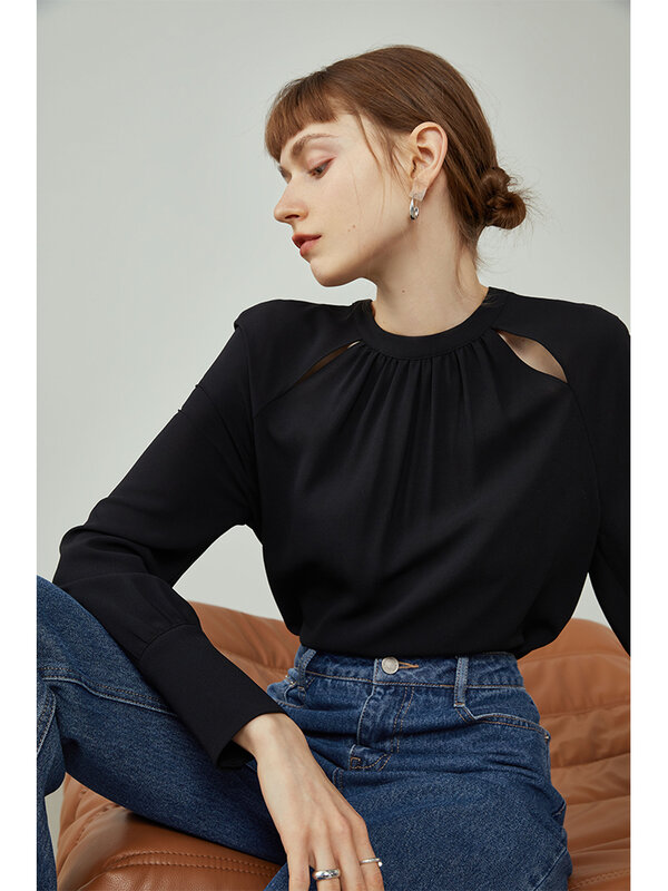 FSLE damskie bluzki damskie niszowe okrągłe wycięcie pod szyją koszula z dziurami wczesna jesień Temperament czarne bluzki Design Sense damskie bluzki