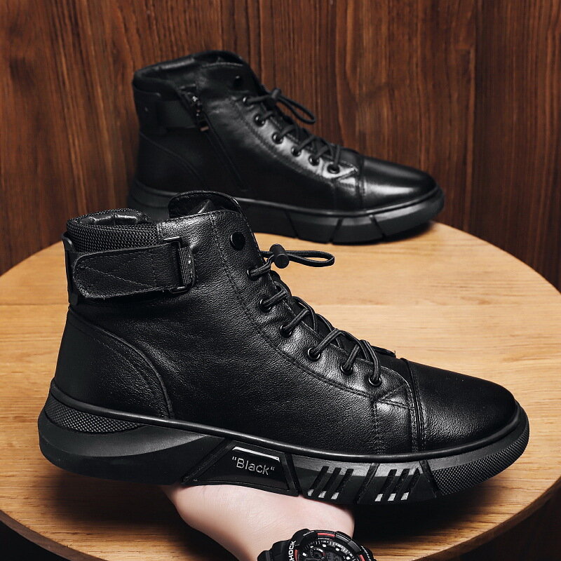 Modne skórzane buty męskie obuwie zimowe oraz aksamitne, aby utrzymać ciepła, czarna wygodne trampki płaskie buty męskie buty duże rozmiary 48