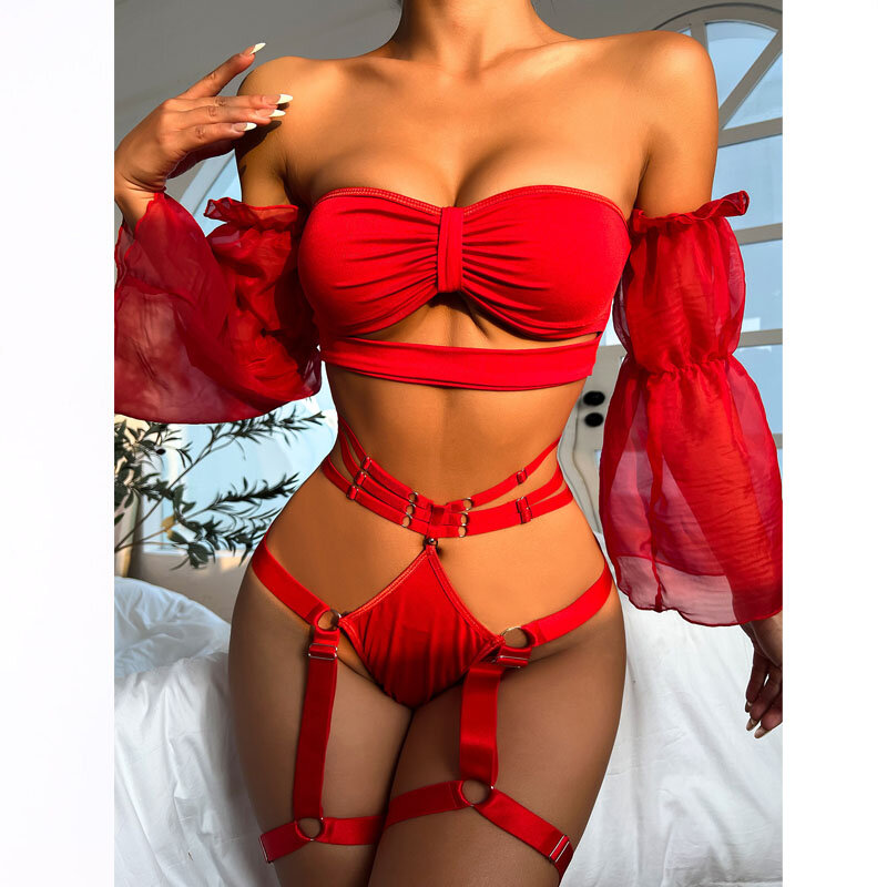 Senhoras roupa interior sexy sutiã tanga baixo corte quente menina boate malha manga leggings tubo superior sexy interessante tentação vermelho underwe