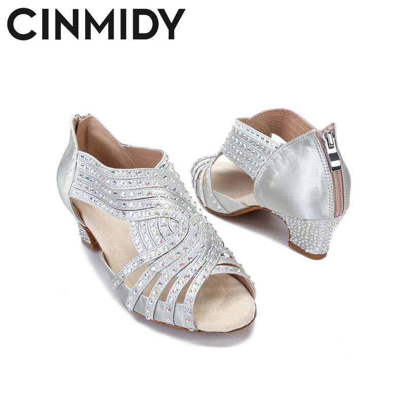 CINMIDY-zapatos de baile latino para mujer, calzado de Tango, Rumba, Samba, con diamantes de imitación, para baile de salón, con tacón cuadrado