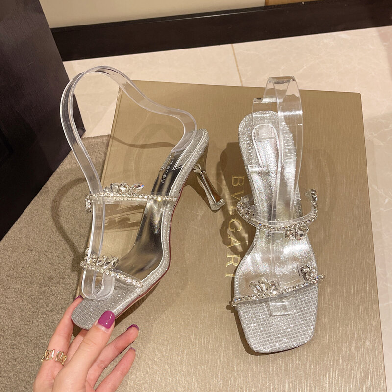 Sandalen frauen schuhe Hausschuhe neue frühling und sommer Französisch kristall stiletto mode transparent temperament high heels