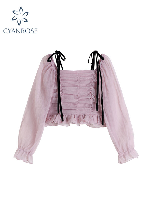 Женская плиссированная рубашка с открытыми плечами, шифоновая блузка с длинным рукавом и квадратным вырезом, в винтажном французском стиле...