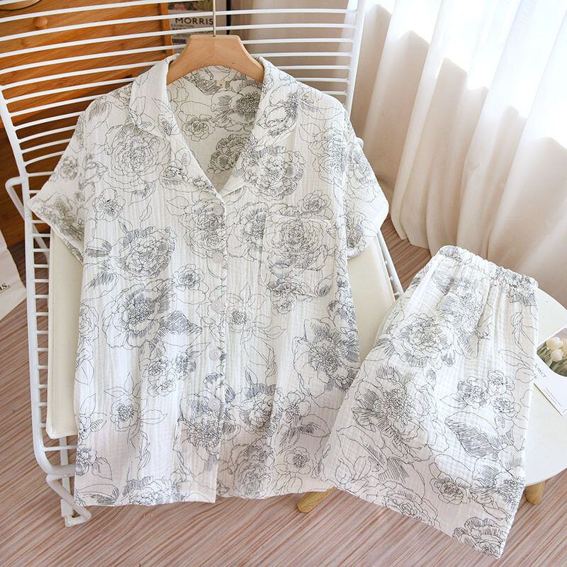 Летние Пижамные комплекты для пар с коротким рукавом, шорты, хлопковая одежда для сна из крепа, мужской домашний женский полубрючный костюм