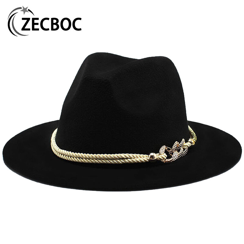 ปานามา Solid Felt Fedora หมวกสำหรับผู้หญิงสีดำ/สีขาวกว้าง Brim ง่าย Derby Top หมวกขนสัตว์ประดิษฐ์ blend หมวกแจ๊ส