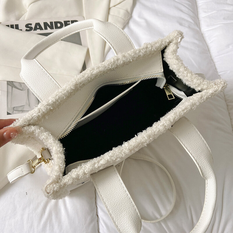 Female White Tote Handbag Medium Pu Leather Furry Letter Print Lovers' Crossbody Bag Top Handle Aesthetic Women's Shoulder Bags
