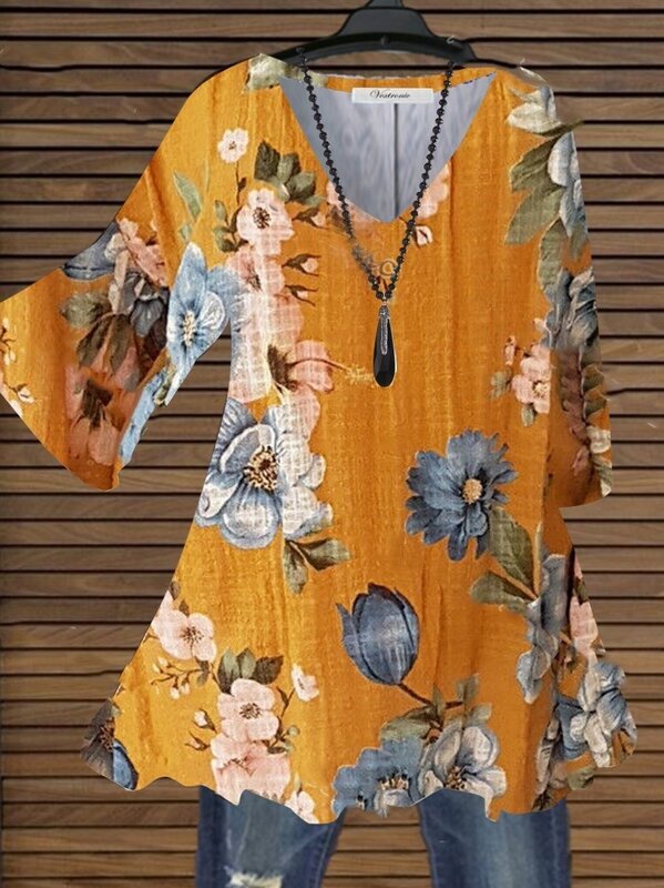 Camisetas con estampado Floral para mujer, ropa de S-5XL informal holgada, blusa y2K con cuello en V, 2023