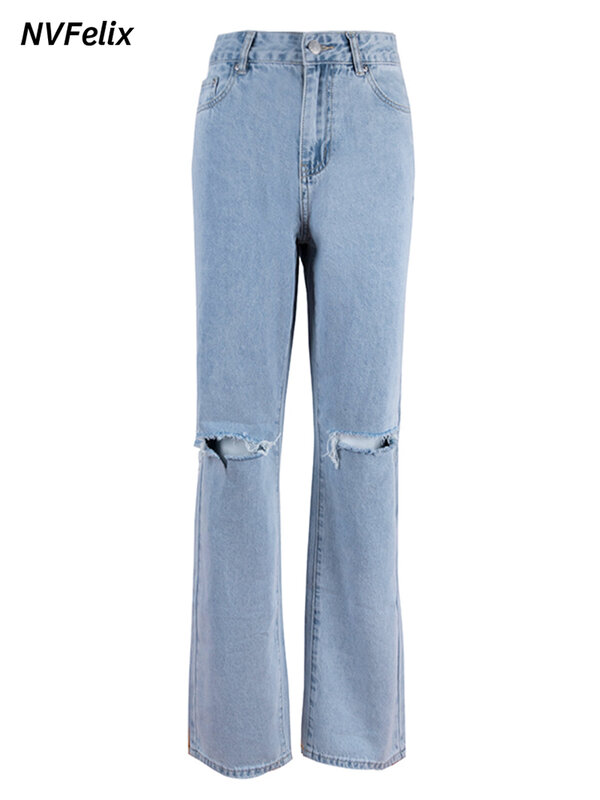 Womens Loose Fit Jeans 2022 Rasgado Perna Larga Para As Mulheres Cintura Alta Lavagem Azul Casual Algodão Denim Calças Verão Baggy Jean Calças