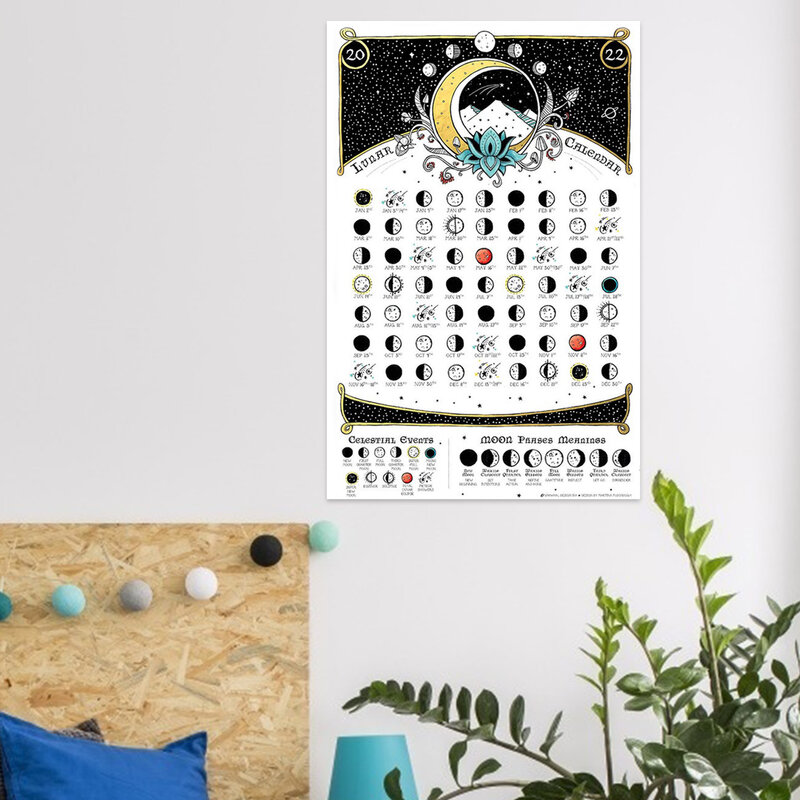 Calendário de fase da lua 2022 hangable parede lunar poster lua rastreador espaço parede calendário arte espaço-estilo ciclo lunar gráfico para casa