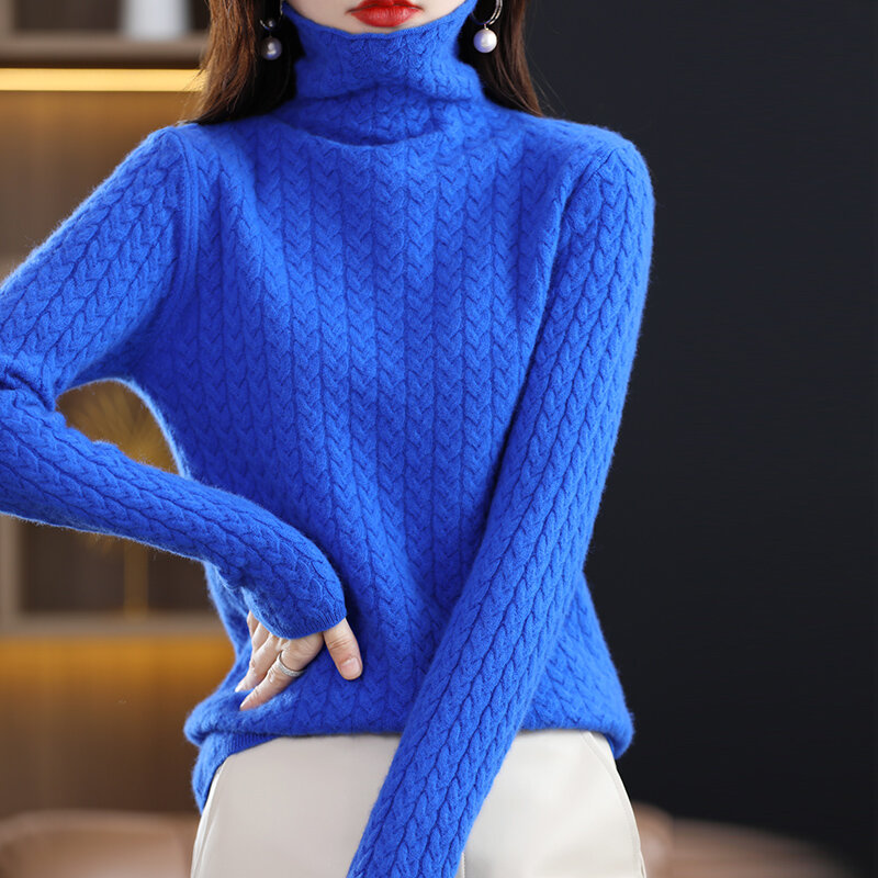Nouveau Type de Cardigan tricoté à col roulé pour femme, 100% laine Pure, automne et hiver