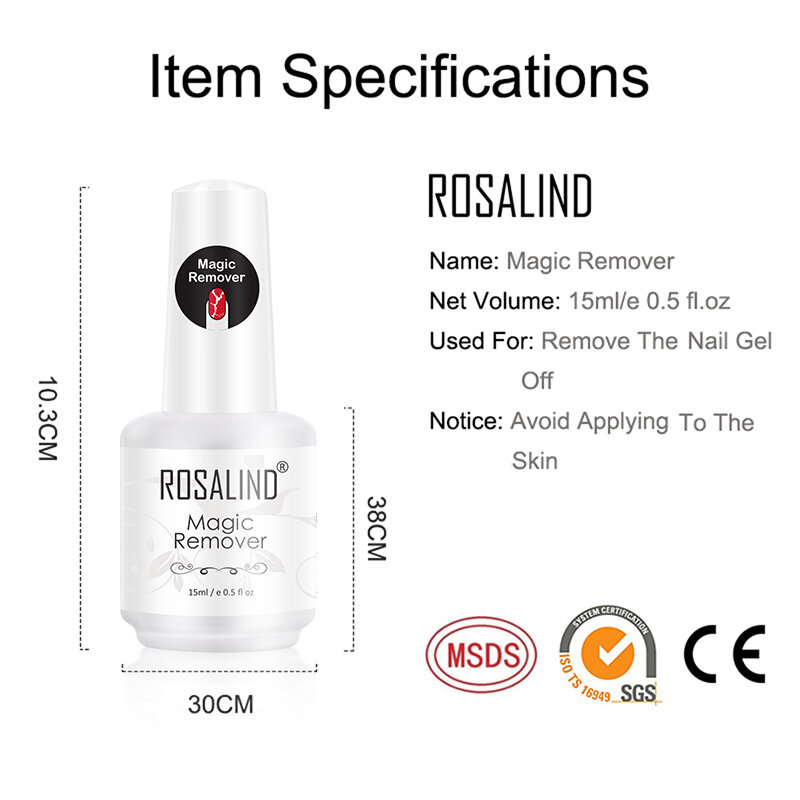 ROSALIND Magic Remover Nail Gel Polish Fast Clean Within 2-3 MINS Soak Off Gel Nail Polish Top Coat Nail Remover