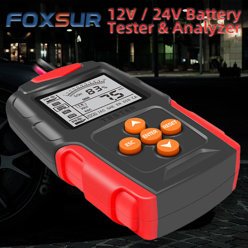 Foxsur testador de bateria de carro para 12v a 24v automotivo vrla gel agm efb std baterias edc cca iec sae din analisador medidor ferramentas