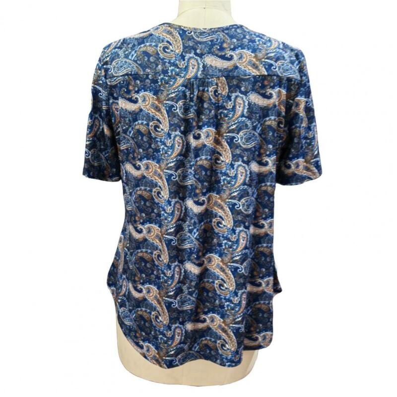 Tops de verano de manga corta para mujer, camiseta con patrón Retro, dobladillo en el brazo, Túnica