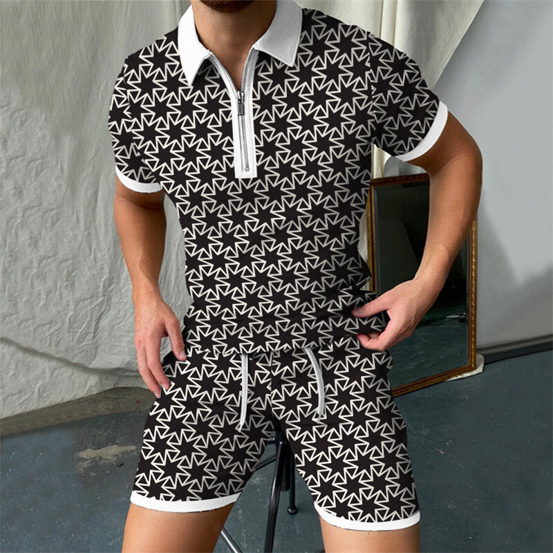 Men's Polo Suit Fashion Men Sets 3D Printed 2022 Streetwear V-neck Short Sleeve POLO Shirt & Shorts Two Pieces Men Casual Suit