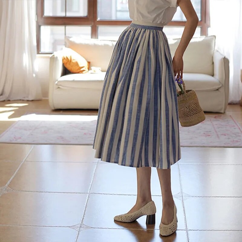 Faldas Vintage de algodón y lino a rayas para mujer, Faldas de cintura alta con paraguas oscilante, estilo Jupe, novedad de primavera y verano, 2022