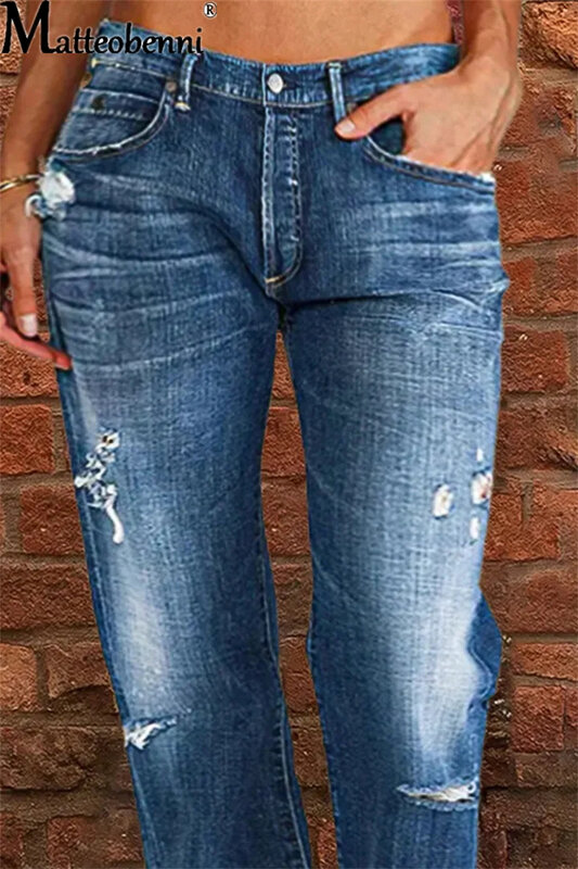 แฟชั่นยืดใหม่กลางเอวตรงกางเกงยีนส์แบบสบายๆเย็บกางเกงยีนส์หญิงล้างหลุมหักกางเกง Streetwear