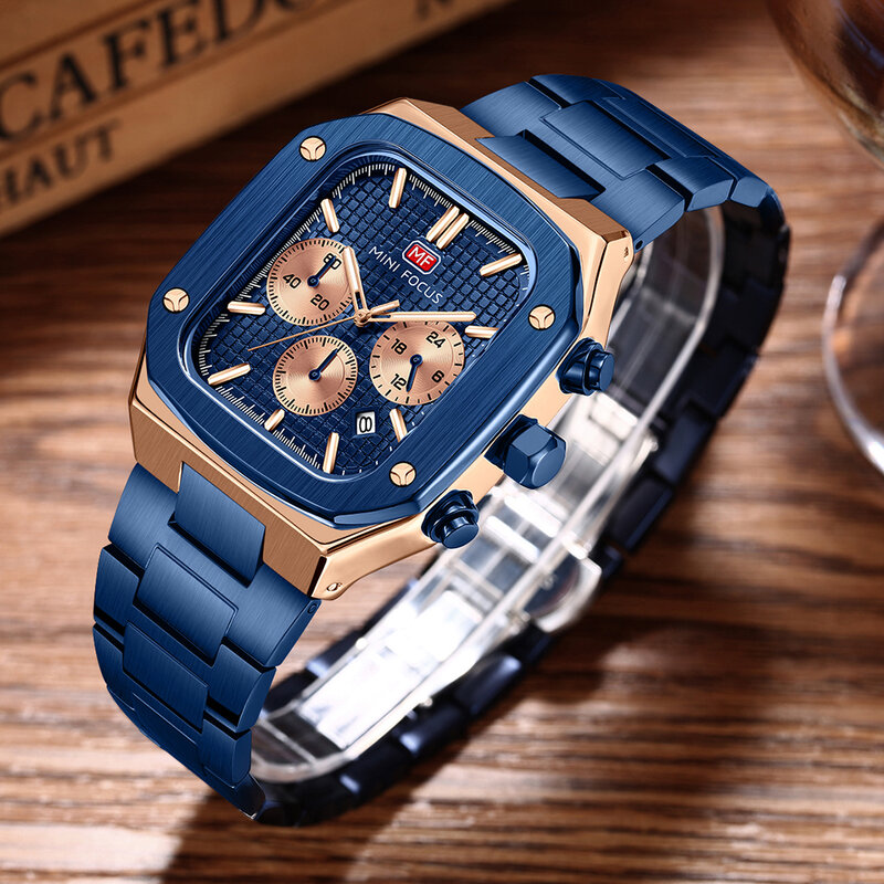 MINI FOKUS Mode Rechteck Sport Uhr für Männer Quarz Armbanduhren Multifunktions Sub-Dials Kalender Edelstahl Band Uhr