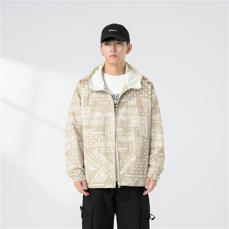 봄 가을 2022 학생 청소년 남성 코트 디자인 얇은 윈드 브레이커 한국 스타일 간단한 헐렁한 후드 프린트 재킷, 넉넉한 디자인 후드 재킷