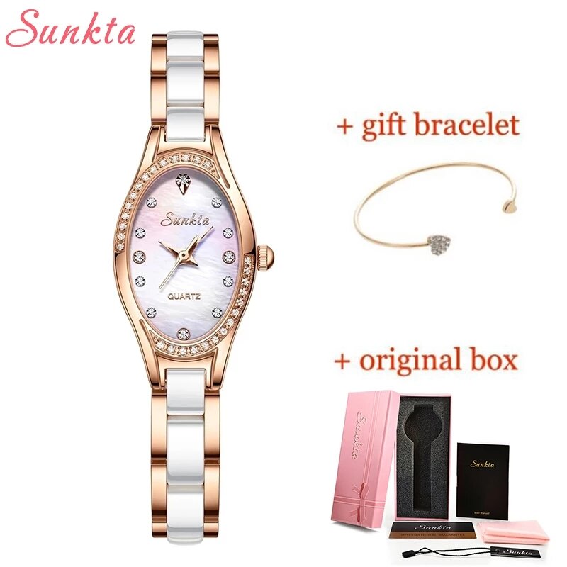 Sunkta-Reloj de lujo de acero inoxidable para mujer, pulsera de cuarzo resistente al agua, nuevo