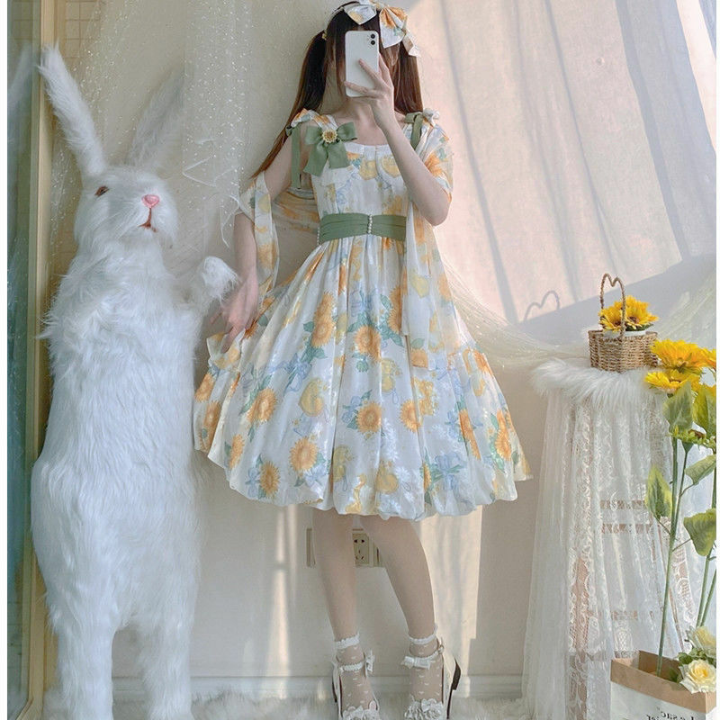 Vestido Kawaii de Lolita Jsk para mujer, minivestido de princesa sin mangas con volantes y estampado de girasol para fiesta de verano