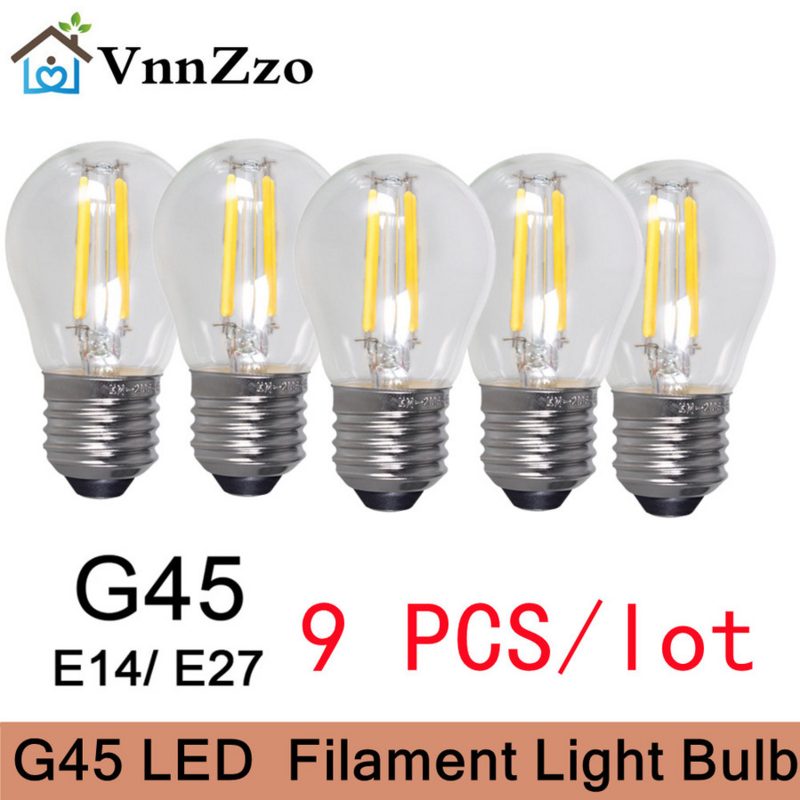 레트로 G45 LED 2W 4W 6W 밝기 조절 필라멘트 전구 E27 E14 COB 220V, 유리 쉘 빈티지 스타일 램프 필라멘트 LED 전구, 9 개