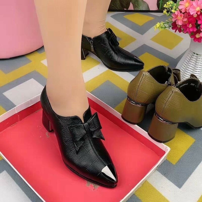 Women Classic Black Bow Tie Medium Heel Slip on Spring Shoes Lady Fashion Sweet Blue Party High Heel Shoes