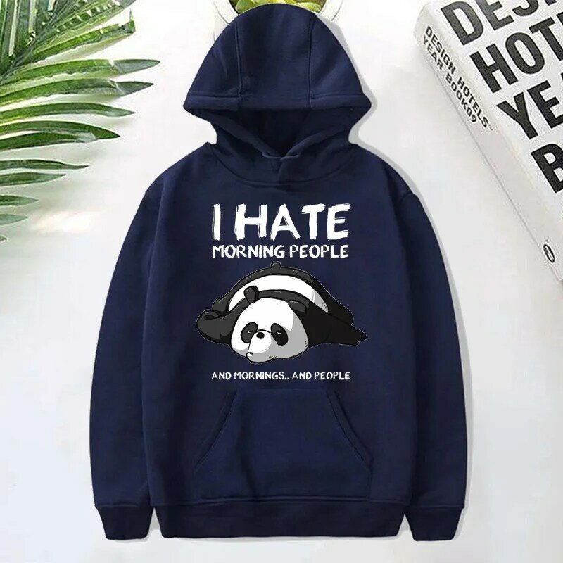 Panda eu odeio manhã pessoas hoodie com capuz moda impressão feminina casual pulôver hoodies inverno outono moletom adolescente