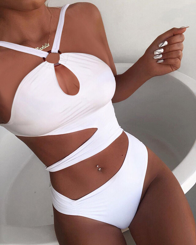 2021 moda feminina elegante sexy praia sunbath sólido liso halter o-ring recorte maiô oco para fora